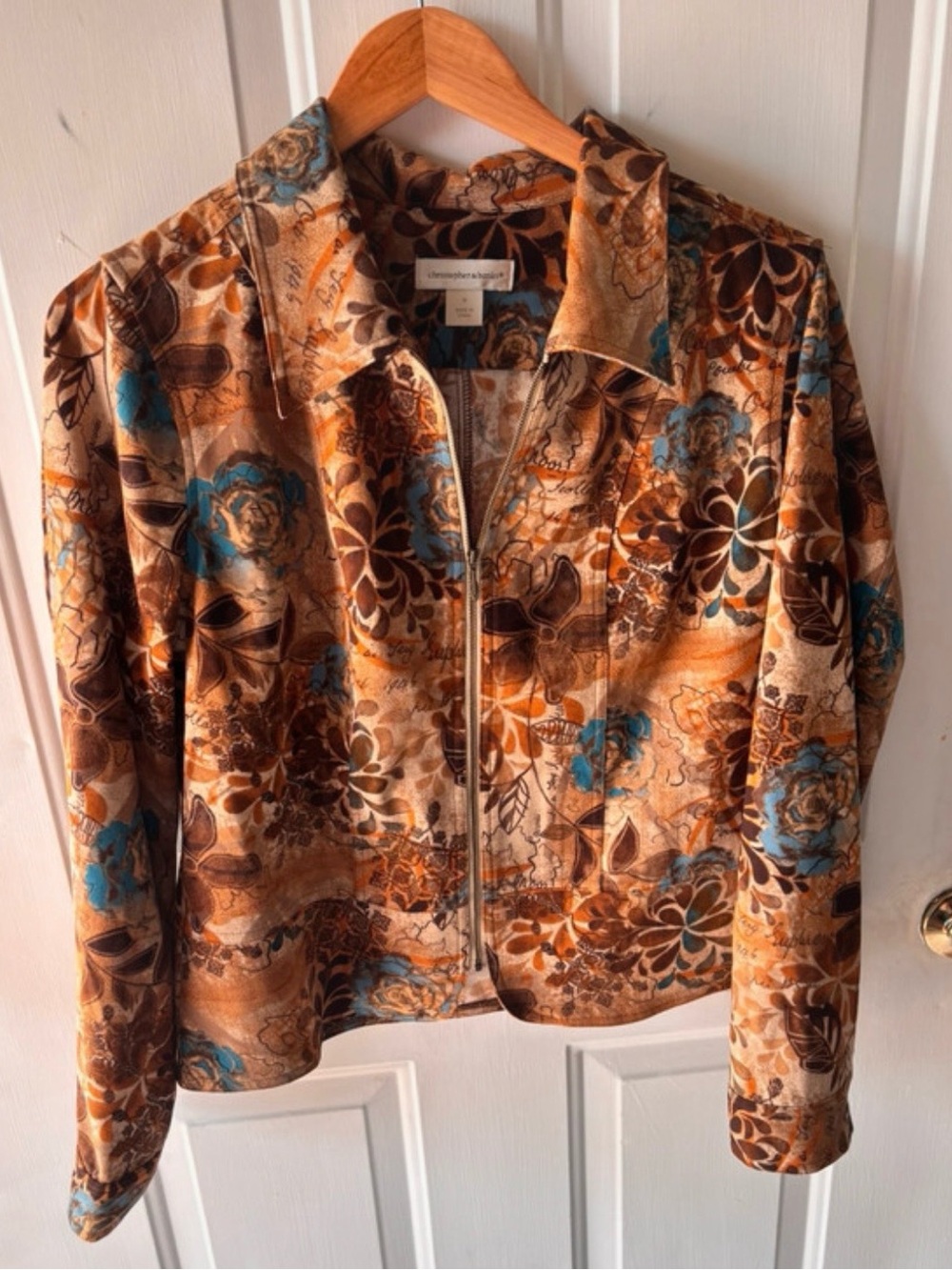 Christopher & Banks Velvet Floral Zip Jacket in Tan, Brown & Blue